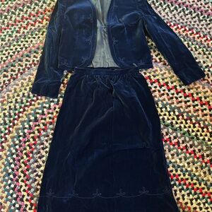 Vintage The Villager Blue Velvet Skirt Set, 8-10, Embroidered